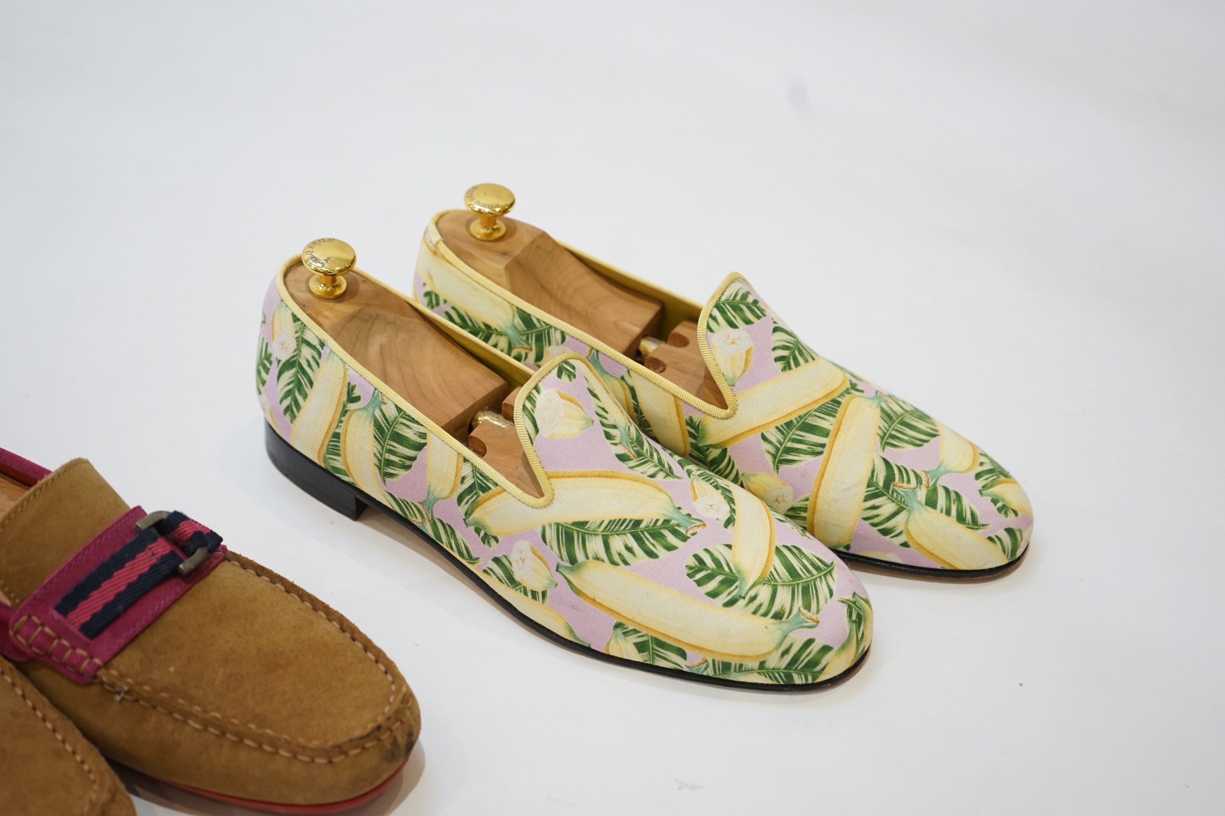 Three pairs of gentleman's Gresham Blake loafers; canvas pineapple print, size 44, canvas bananas, size 43 & suede, size 42.